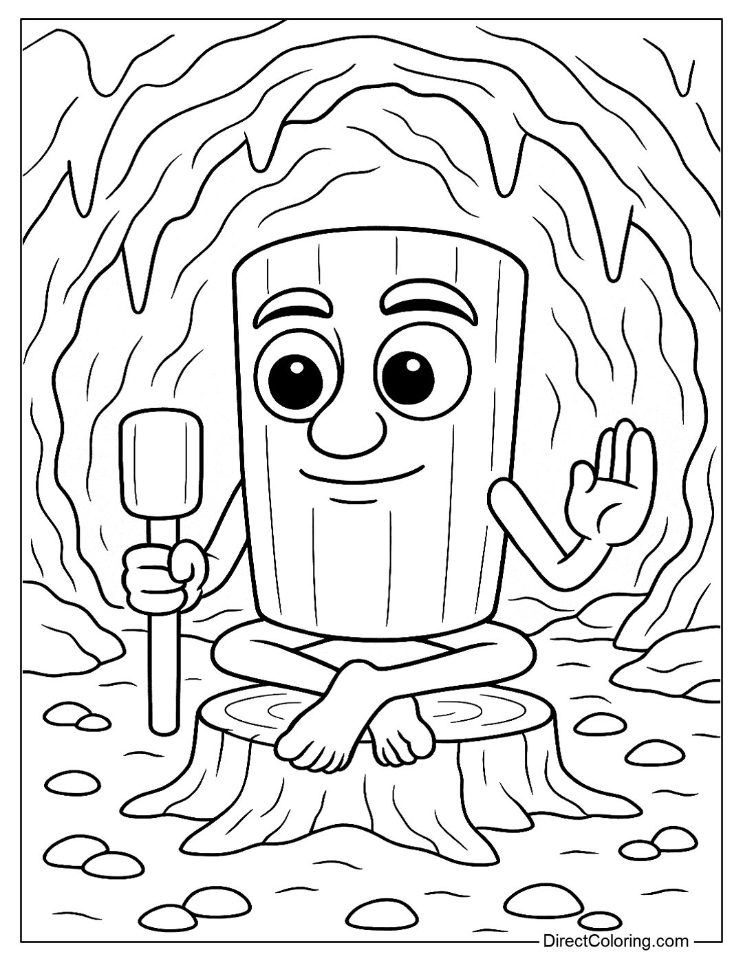 a coloring page of Sahur practicing tapping to create echoes in the meditation cave